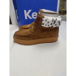 Keds Explore Boot Brown Suede Faux Fur Leopard Collar Ankle Boots WH68052 Sz 6.5